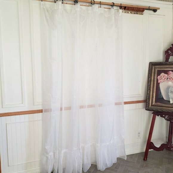 Curtain Panel Ruffled Hem 124W x 80L NEW White Sheer 2 Panels Rod Pocket - Picture 1 of 5